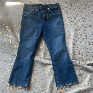 Blank NYC Dark Blue Cropped Flare Jeans with Frayed Hem